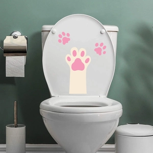 Cute Cartoon Cat Paw Print Toilet Lid Sticker Waterproof PVC Bathroom Decoration Decal Pink Animal Footprint Toilet Seat Cover Decor