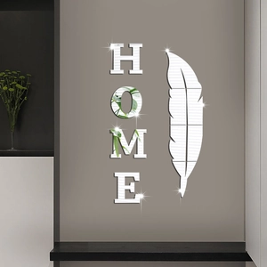 Detail showing high-reflective mirror acrylic HOME letters and feather wall sticker set
