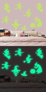 Detailed comparison of luminous Halloween witch wall stickers in daylight and green night glow