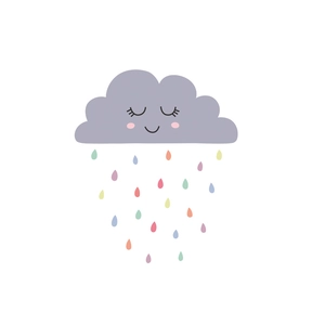 Cute smiling gray cloud wall decal with colorful pastel raindrops for bathroom decor