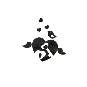 Detail of bird and heart mirror wall stickers with reflective black acrylic finish