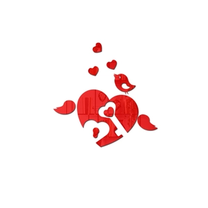 Macro detail of red mirror heart and bird wall stickers with 3D acrylic texture