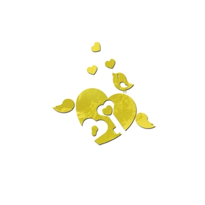Detail of yellow acrylic mirror wall stickers featuring love hearts and flying birds
