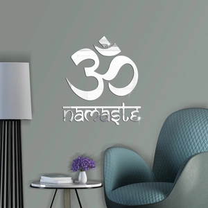 Silver mirror acrylic wall sticker featuring Om symbol and Namaste text in a yoga room