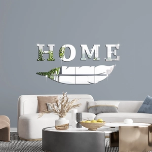Detail view of mirror HOME letters and acrylic feather wall stickers in living room