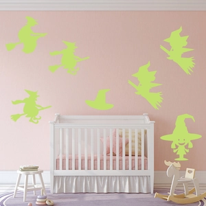 Luminous Halloween witch wall stickers for children bedroom featuring glow in the dark silhouettes