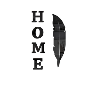 Detailed view of black 3D mirror HOME letters and feather wall decal decoration