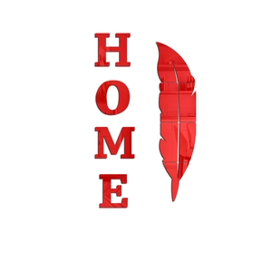Detail of red acrylic mirror wall stickers with HOME letters and feather shape