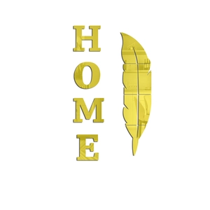 Detail of golden mirror acrylic wall stickers featuring HOME letters and feather shape