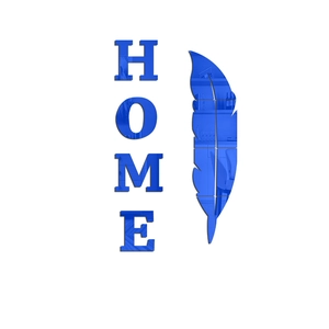 Detailed macro view of royal blue mirror acrylic HOME letters and feather wall stickers