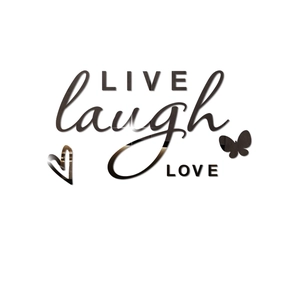 Dettagli di adesivi murali in acrilico a specchio con testo Live Laugh Love e farfalle