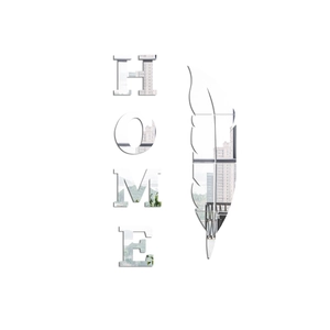 Detailed view of HOME letter and feather acrylic mirror wall stickers on plain white background