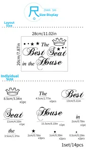Size chart showing 28x20cm waterproof vinyl toilet stickers with crown and quote detail
