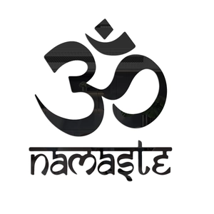 Macro view of mirror-effect black acrylic wall sticker featuring Om symbol and Namaste text