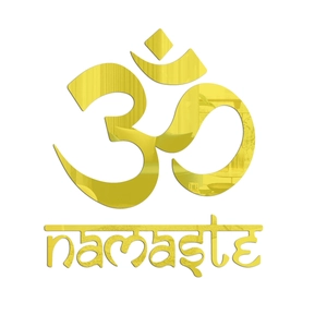 Macro shot of gold 3D mirror acrylic Om and Namaste wall sticker with reflective surface