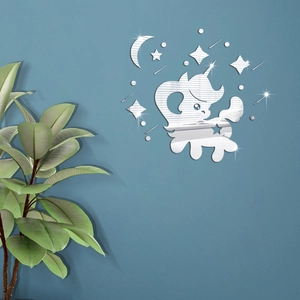 Silver mirror unicorn and stars wall stickers for kids room decoration on blue wall