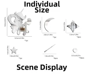 Size chart showing 22-piece silver mirror unicorn, moon, and star wall sticker set