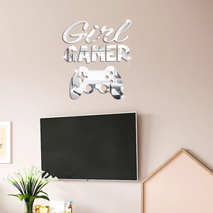 Close-up of silver mirror acrylic wall stickers featuring Girl Gamer and game controller