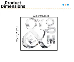 Detailed size chart for 3D acrylic mirror wall sticker showing dimensions of letters