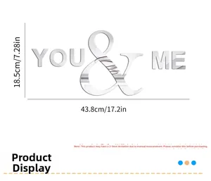 Detailed dimensions of silver acrylic mirror wall stickers with YOU & ME text