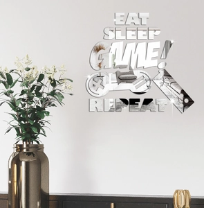 Detailed view of Eat Sleep Game Repeat acrylic mirror wall decal for gaming rooms