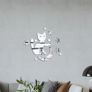 Stickers muraux créatifs en acrylique miroir argenté avec lune, chat et étoiles dans un salon