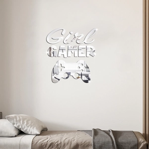 Detailed view of silver mirror acrylic game controller and Girl Gamer wall stickers