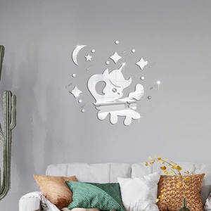 Modern living room wall with silver mirror unicorn stars and moon decorative stickers