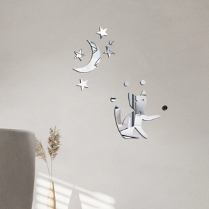 Détail de stickers muraux miroir en acrylique représentant chat, lune et étoiles argent