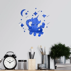 Close-up of blue unicorn mirror wall stickers with stars and moon for room decor