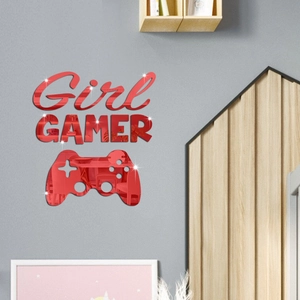 Detail view of red mirror acrylic Girl GAMER wall stickers with game controller icon
