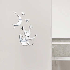 Détail des stickers muraux miroir en acrylique avec motif lune et chat réfléchissant