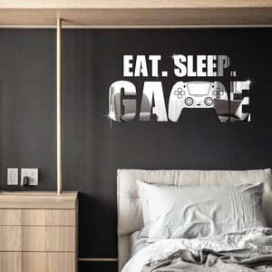 Moderner Wandaufkleber aus Acryl mit EAT SLEEP GAME Text und Gaming Controller Symbol