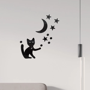 Stickers muraux 3D miroir acrylique chat noir lune et étoiles pour décor de salon
