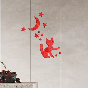 Détail de l'ensemble d'autocollants muraux chat et lune en acrylique miroir rouge brillant