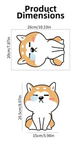 Size chart for cute dog toilet stickers showing dimensions in cm and inches