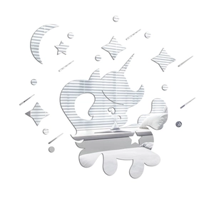 Close-up of silver mirror unicorn wall stickers with star and moon decorative accents