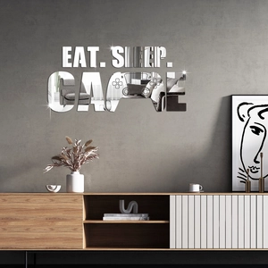 Nahaufnahme der 3D-Acryl-Spiegel-Wandtattoo mit Eat Sleep Game Text und Controller-Silhouette