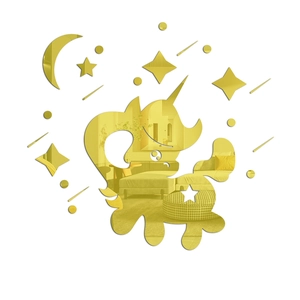 Detailed view of gold mirror unicorn and moon wall decals with reflective surface