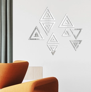 Modern geometric triangle mirror wall decals with silver acrylic finish for living room