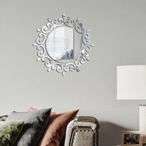 Modern wall-mounted sunburst mirror stickers with elegant silver scrollwork detail