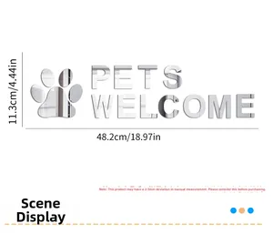 Sticker mural miroir acrylique argenté avec texte Pets Welcome et empreinte pour animalerie