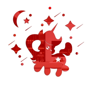 Detail of red acrylic mirror wall stickers with unicorn stars and moon for room decor