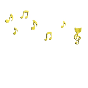 Détail des stickers muraux notes de musique en acrylique doré et clé de sol tête de chat