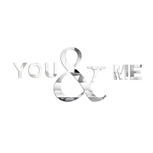 Detail view of YOU & ME acrylic mirror wall stickers with silver reflective surface finish