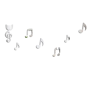 Détail des stickers muraux miroirs argentés avec notes de musique et clé de sol