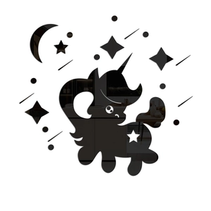 Macro view of mirrored acrylic unicorn and stars wall stickers for room decoration