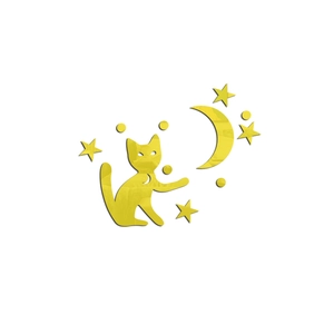 Vue détaillée des stickers muraux en acrylique jaune avec chat, lune et étoiles