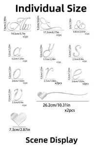 Detailed size chart for 3D mirror wall stickers showing dimensions in cm and inches