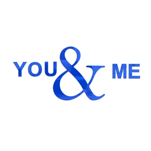 Detail of 3D acrylic mirror wall sticker featuring blue You & Me lettering for home decor